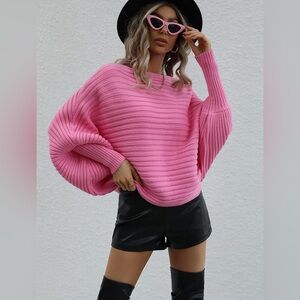 Fashion Womens Sweater Batwing Sleeve Ribbed Knit Sweater Barbiecore unique XL